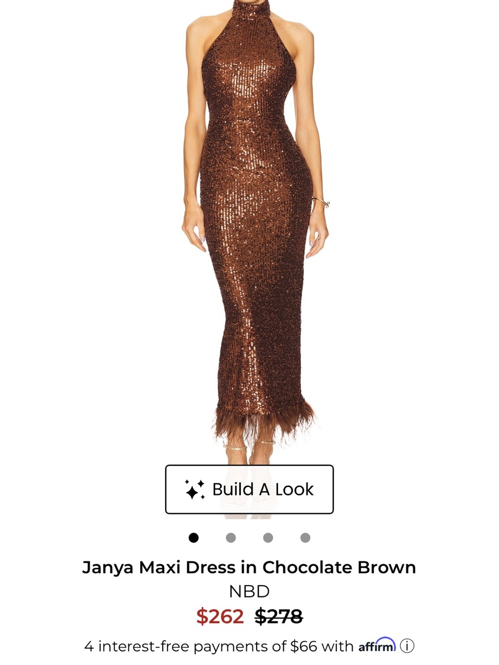 NBD Chocolate Brown Sequin Halter Maxi Dress with Feather Hem